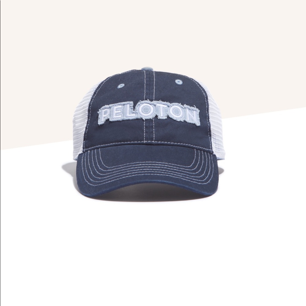 NEW! PELOTON Hat Frayed Stamp Front Mesh Back Adjustable Velcro Back Blue White